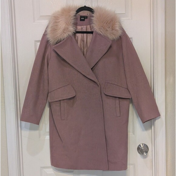 Asos Mauve Pink Collar Jacket Coat Peacoat W/ Faux Fur Size 4 US 8 UK Wool Blend - Picture 1 of 14